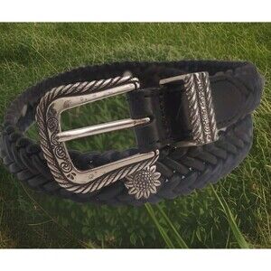 Vintage 1996 Brighton Childrens Youth Belt Size L Black Woven Leather Sunflowers